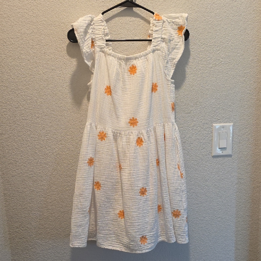 Cat & Jack Girls White Orange Floral Embroidered Smocked Ruffle Sun Dress XL 14